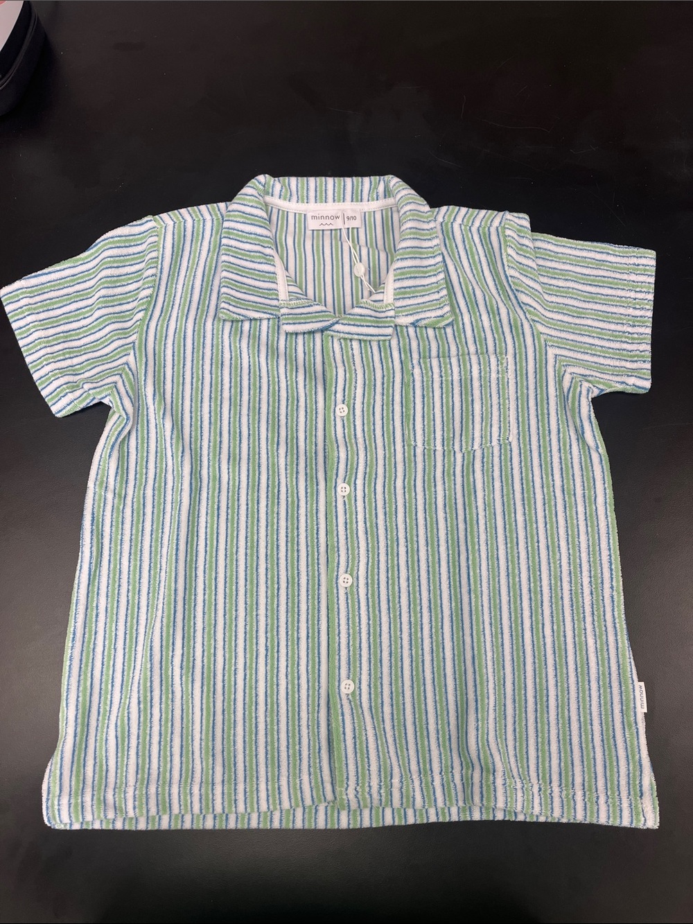 Minnow tamarin Blue & Green Striped Terry Button-Down Shirt NWT 9/10y